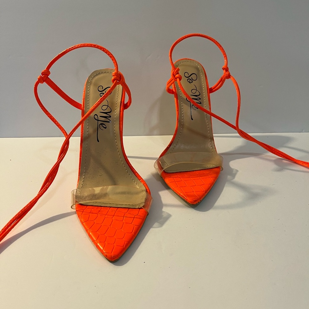 So Me Neon Orange Pointed Lace-Up Heels